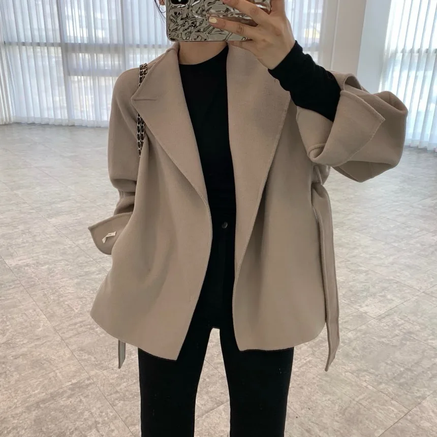 معطف صوفي نسائي بسيط فايون الخصر مقصوص فضفاض مع حزام ort Top Ele Personali معطف شتوي طويل Sve