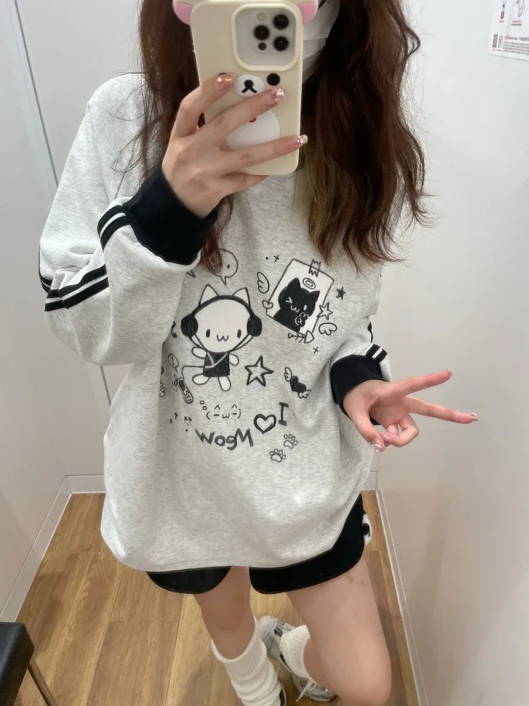 

ADAgirl Anime Cat Print Hoodies Women Kawaii Kitty Long Sleeve Sweatshirt Oversized Streetwear Stripe Grey Autumn Winter Clothes