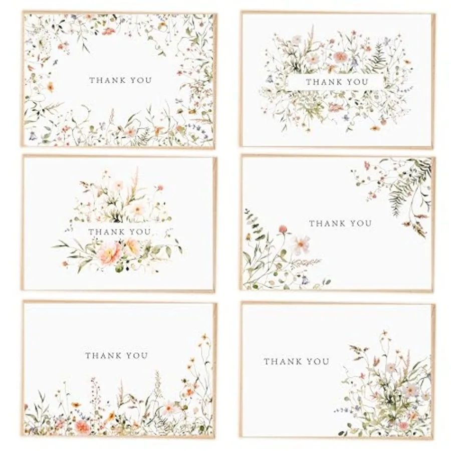 

52-pack Floral Thank You Cards Bulk with Kraft Envelopes and Matching Stickers, 3.5x5 Inches, 6 Wildflower Designs Perfect for