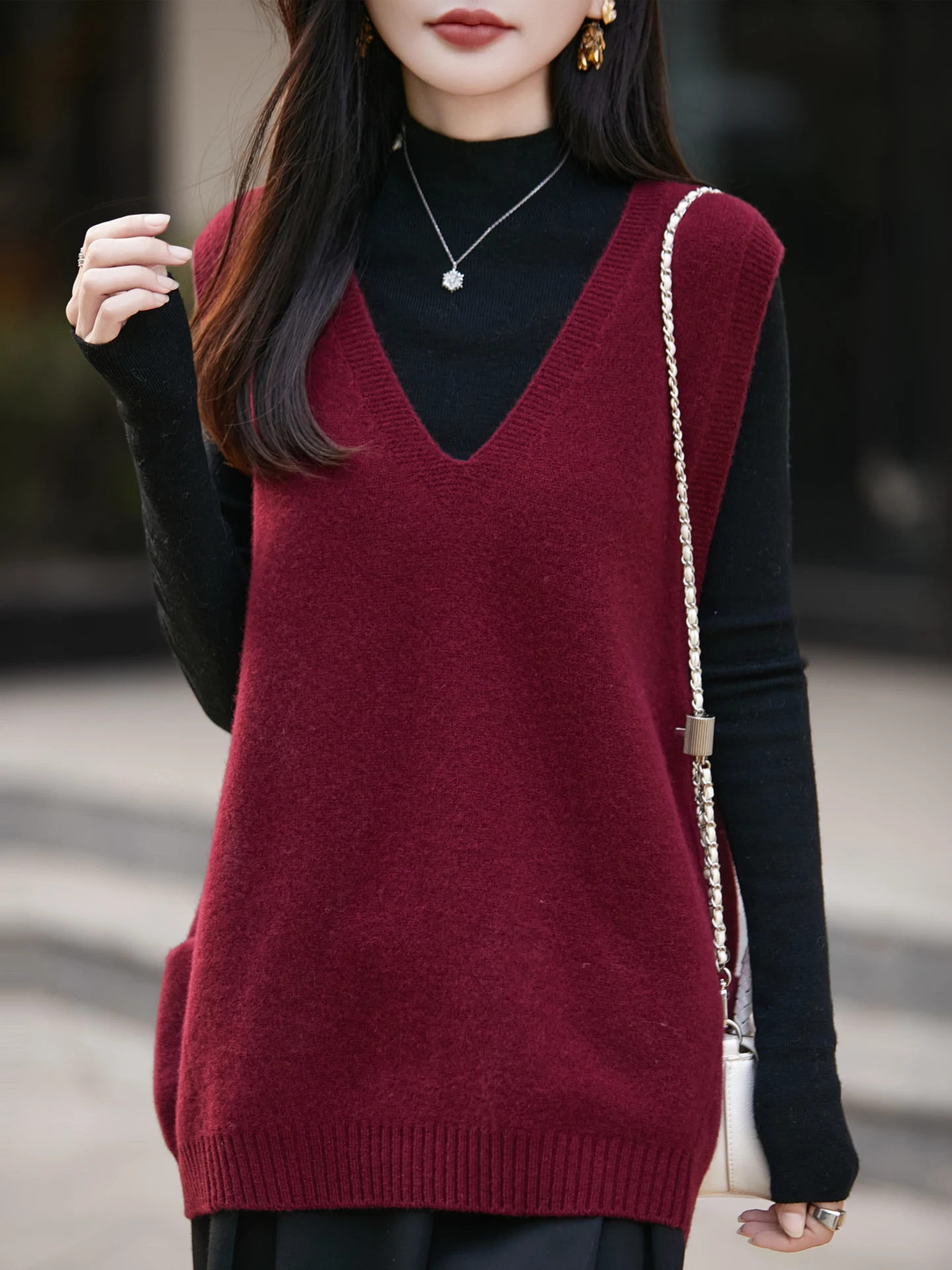 Spring Autumn Women V-neck Sleeveless Pullover Waistcoat 100% Merino Wool Sweater Soft Casual Pocket Loose Knitwear Fashion Top