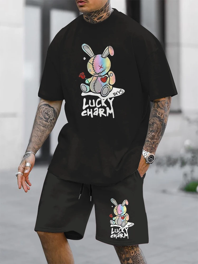 2024 Lucky Rabbit Print Short Sleeve T-shirt And Shorts 2 / Summer Men's Fashion Street Short Sleeve Suit Loose And Breathable