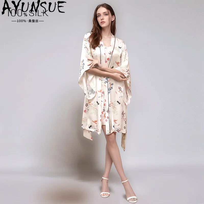 AYUNSUE 100% Silk Women's Pajamas and Robes 2 Piece Set Short Dress Floral Womens Matching Sets Pajamas for Women Пижама Женская