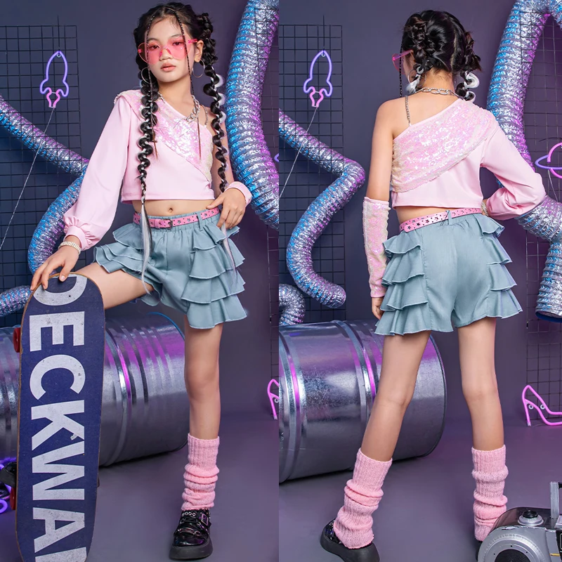 

Irregular Pink Sequins Top Shorts Girls Group Jazz Dance Costumes Kids Hip Hop Clothing Children Kpop Outfits Street Wear XS8701