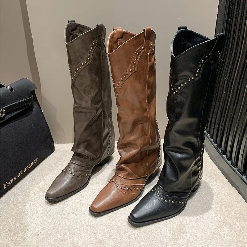 

Woman Cowgirl Boots Fashion Slip On Ladies Elegant Square Heel Long Pipe Boots Shoes Retro Women's Winter Footwear