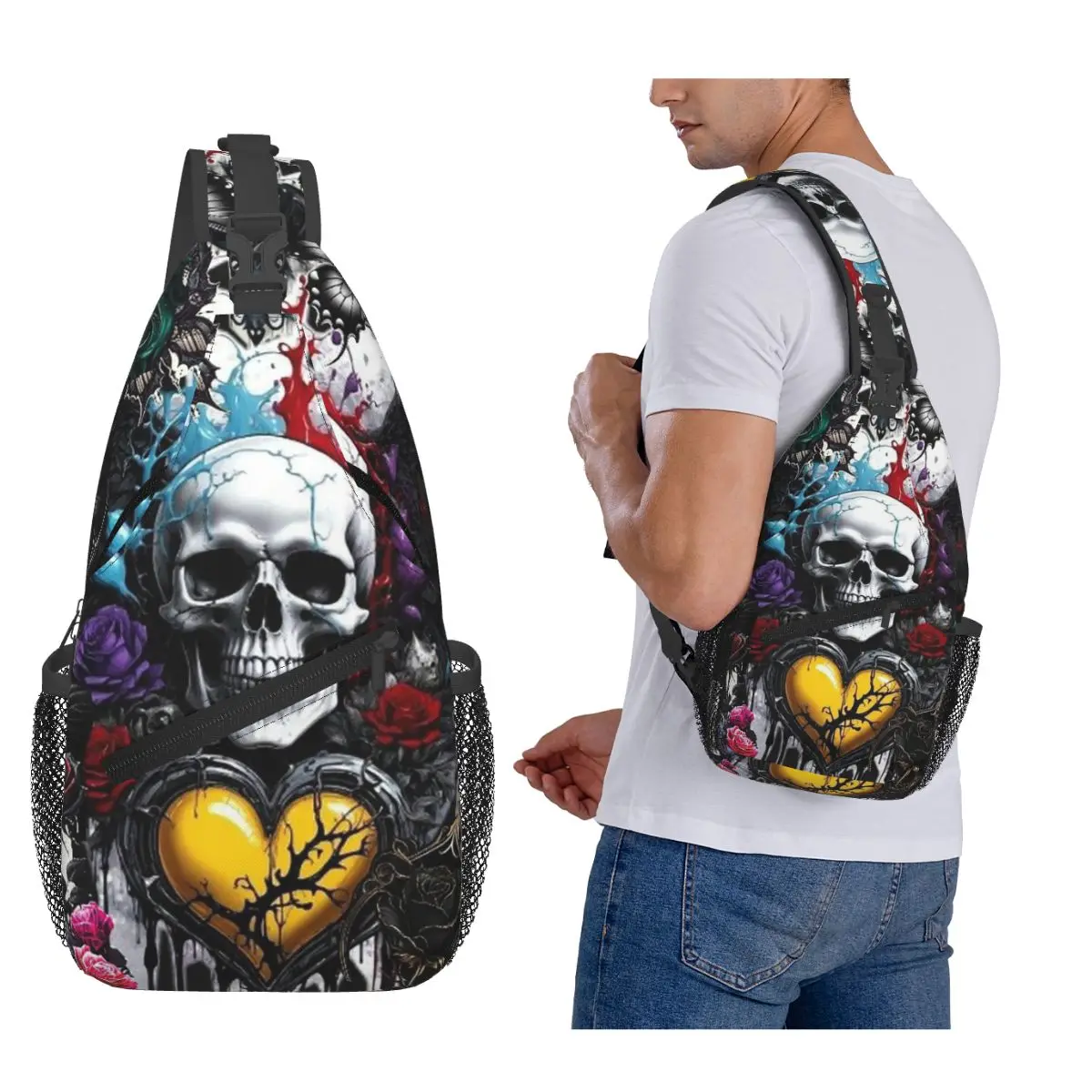 

Fashion Jokers Skull Gun Gothic Skeleton Chest Bag Men Sling Crossbody Backpack Chest Bag Traveling Hiking Daypack Shoulder Bag