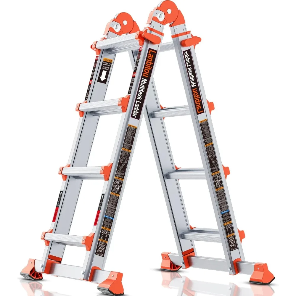 

Ladder, A Frame 4 Step Ladder Extension, 14 FT Anti-Slip Multi Position & Storage Folding Ladder, 330 lbs Security Load，Silver