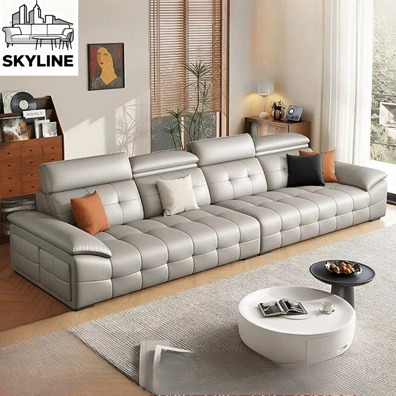 Delicate Textured Italian Minimal Straight Sofa Full Natural Top-grain Cowhide Surface Decor Couch For Small & Large Apartment