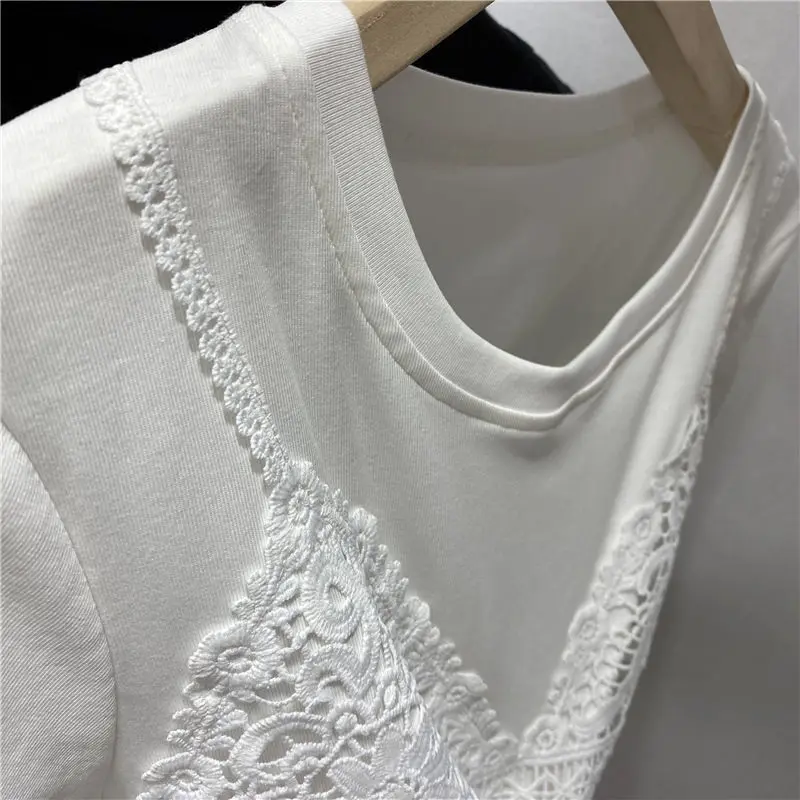 OCEANLOVE Lace Patchwork T Shirt for Women Fake 2 Pieces Spring Summer Korean Style Ropa De Mujer Vintage Simple Short Tees