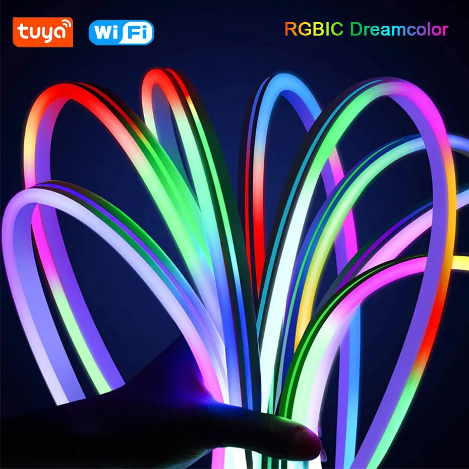 Tuya Smart LED Neon Strip Lights RGBIC 96LEDs/M Chasing Silicone Rope Tape 12V WiFi / Bluetooth Control Dreamcolor for Room DIY