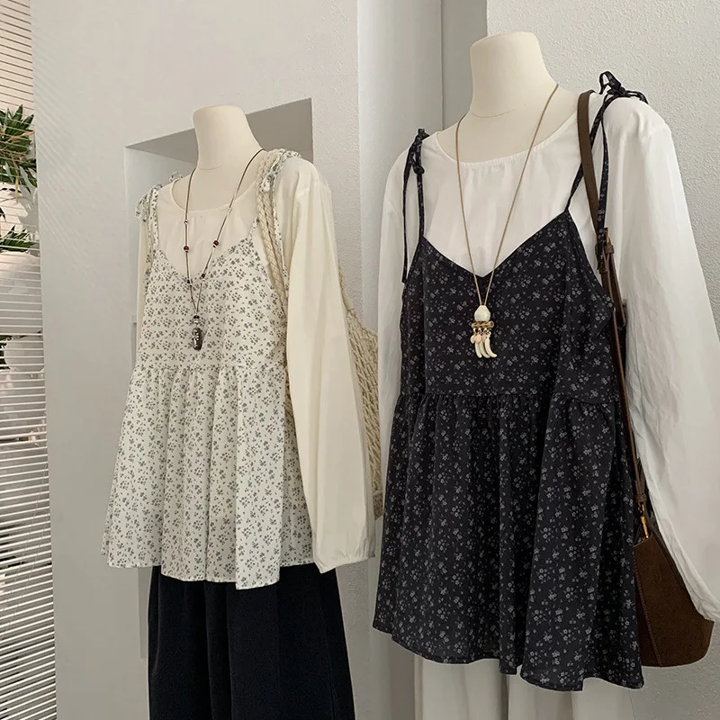 2025 Round Neck Long-sleeved Solid Color One-button Shirt + Floral Suspender Top Two-piece Set Small Fresh Women