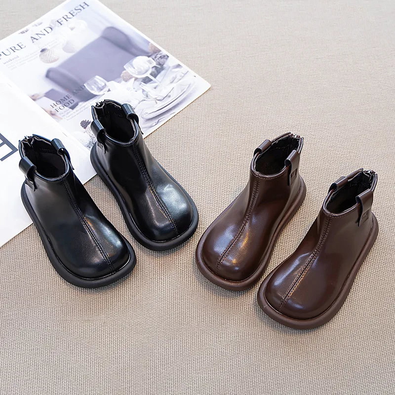 Kids'Boots Solid Color PU Leather Fashion Winter Shoes For Children Anti-slip Designer Warm Brown Black Shoes Size 26-36