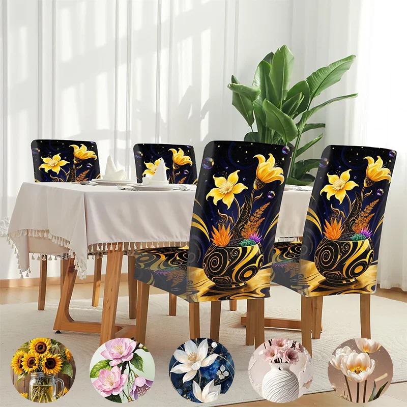 Elastic dining chair cover Black gold contrasting mysterious floral design Removable, washable, home dining chair cover