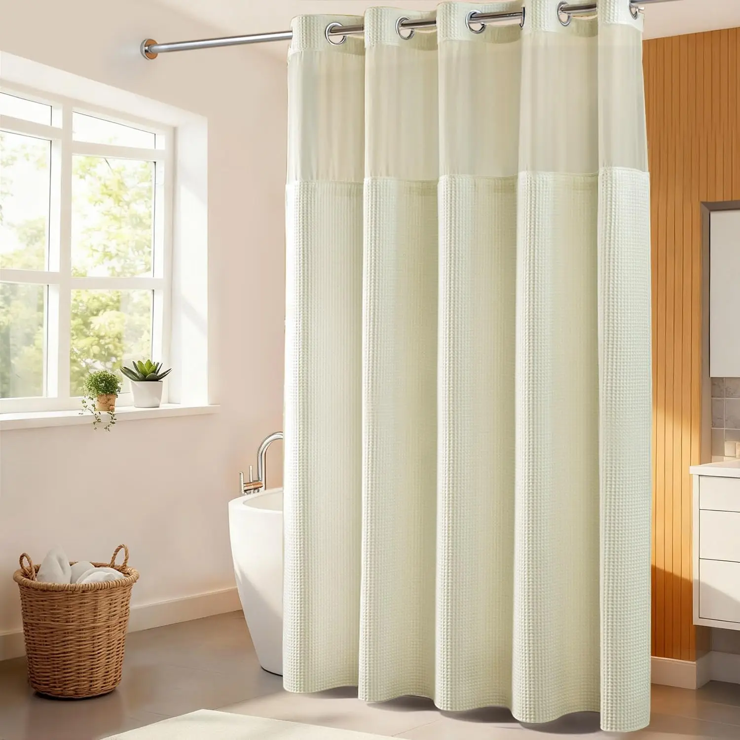 

Premium Cotton Blend Shower Curtain Set with Snap-On Liner, Waffle Weave, Water Repellent, 71x86 inches for Bathroom