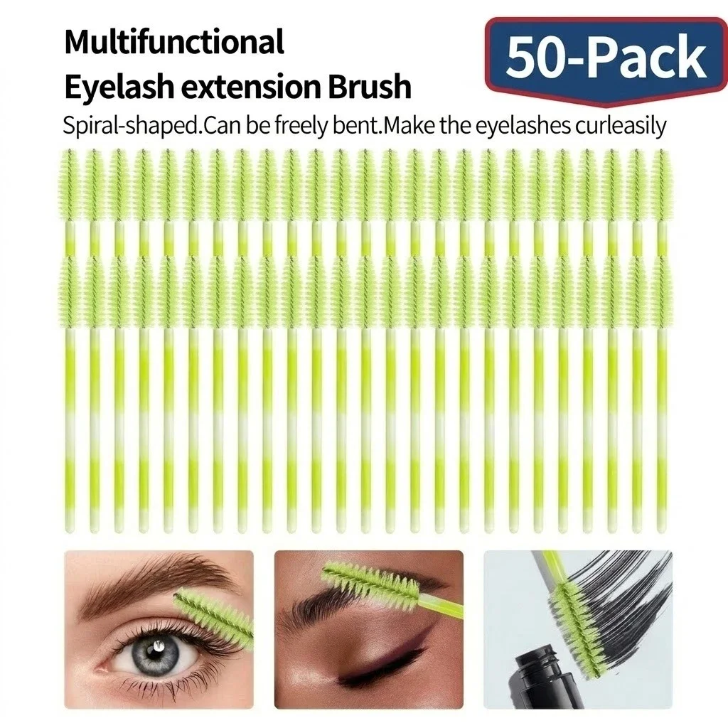 50pcs Women Eyelash Brushes with Powder Puff, Spiral-Shaped Bendable Mascara Wands for Eyelash Extensions, Eyebrow Grooming