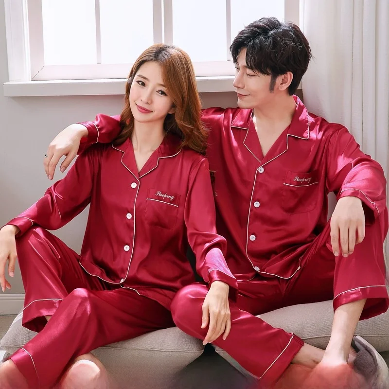Autumn Silk Couple Sleepwear Women's Ice Silk Long Sleeve Casual Loose Men's Style Home Clothes Set 