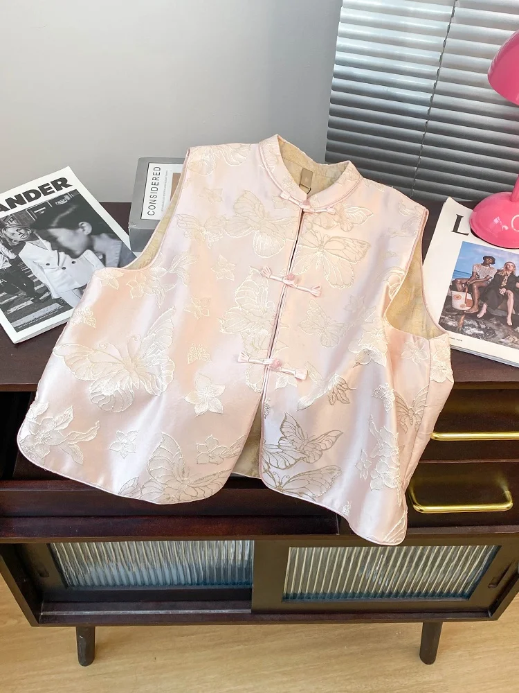 

Новый китайский женский тюнет с цветочной вышивкой, розовый воротник-стойка, топ на пуговицах, весна 202, ощущение мочи