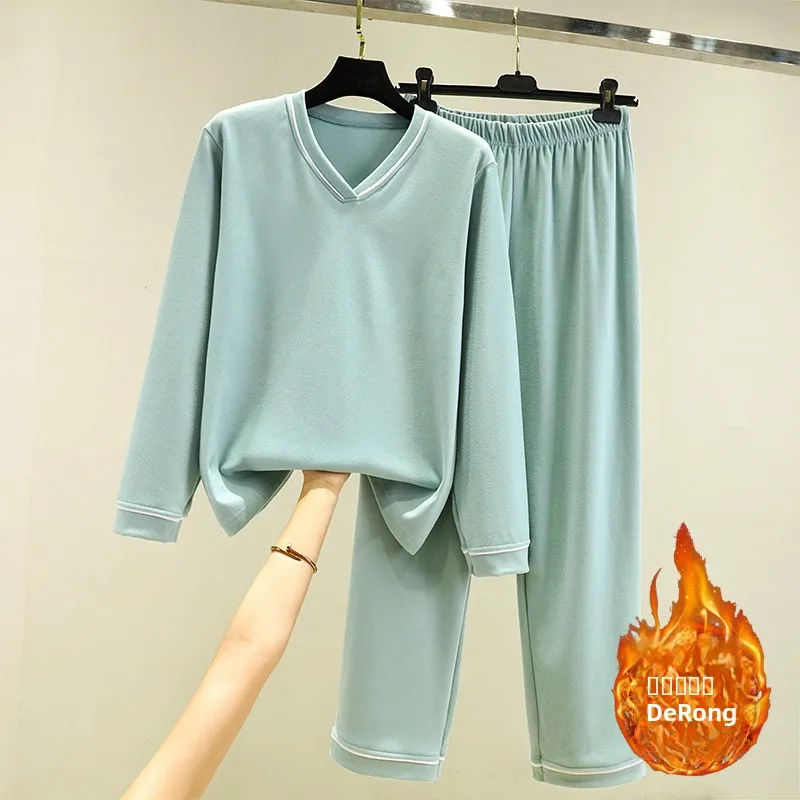 

Thiened Fce Warm Home Leisure Spwear Set Women's V-ne Long Sve Loose Fit plus Size Nightgown And Pants Two-Piece...