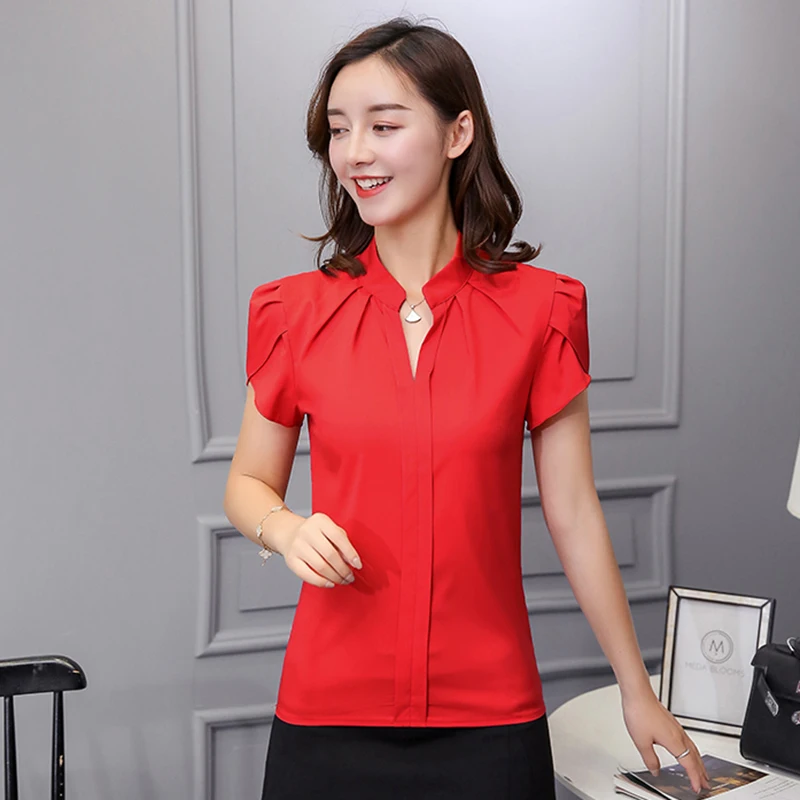 Women Chiffon Shirt Korean Elegant Slim Folds Short Sleeve Women Blouse New Casual Office Stand Collar All Match Ladies Tops