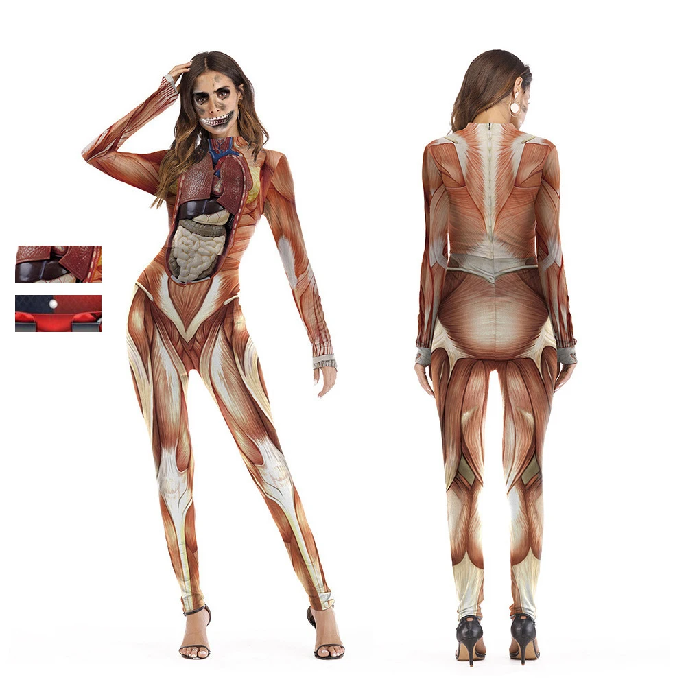 Human Body Organ Printed Jumpsuit Men Women Blood Vessel Print Halloween Cosplay Costume Long Sleeve Party Show Bodysuit Outfit