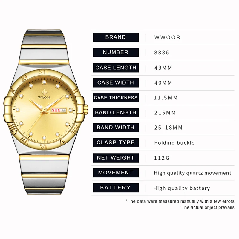 WWOOR New Gold Men Luxury Watch Full Steel Quartz Minimalist Diamond Wristwatch Luminous Watch For Men Fashion Relogio Masculino