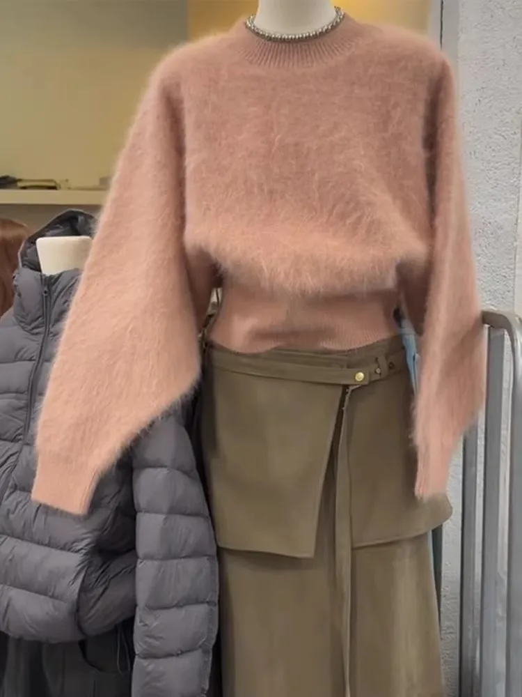 

Winter Thiened Soft Fufu Camere Pink Waist-Cinching Korean Sle round Ne Knitwear Loose Fit Ladies Sweater