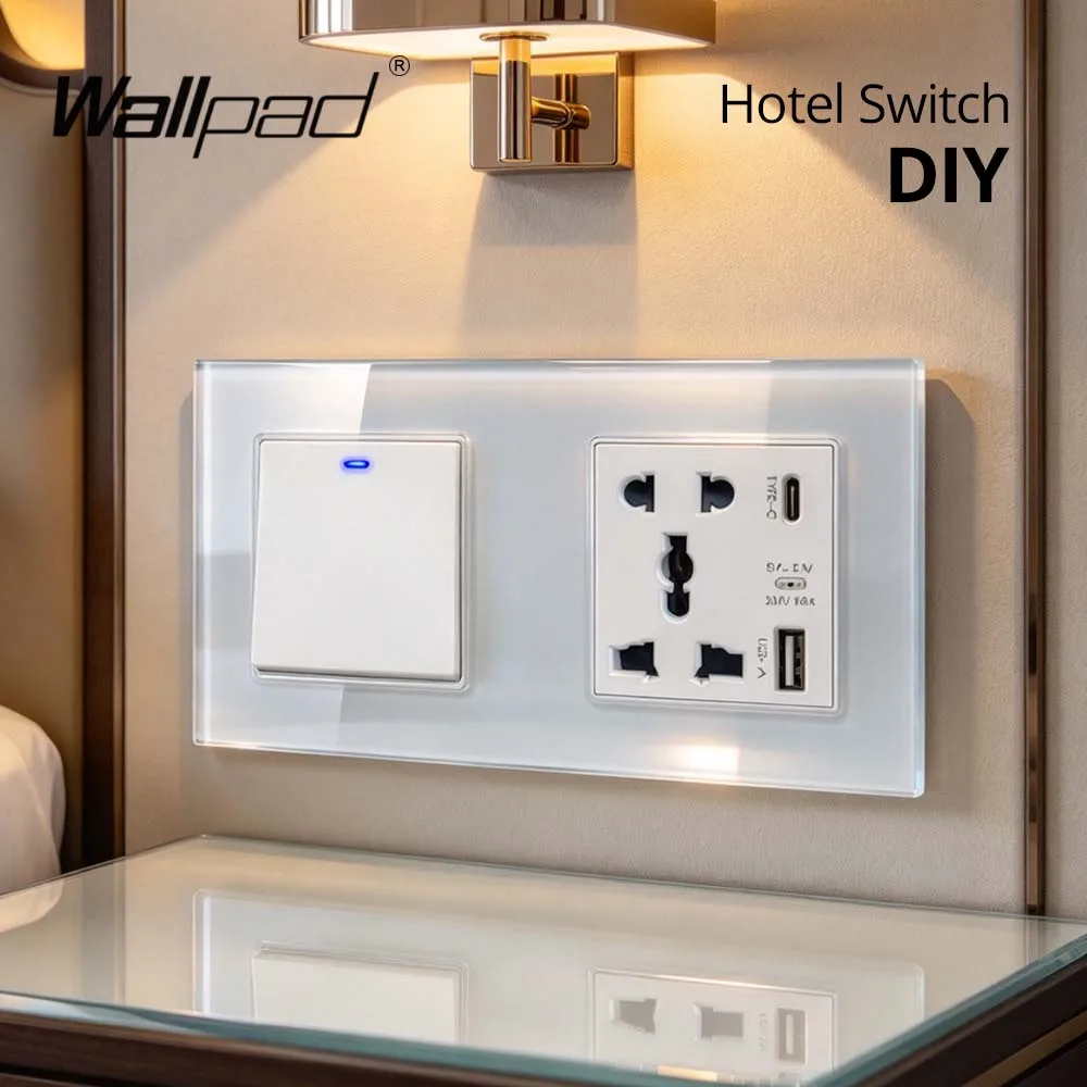 Wallpad DIY Hotel Switch White Black Glass Panel Plastic Multiple Frame