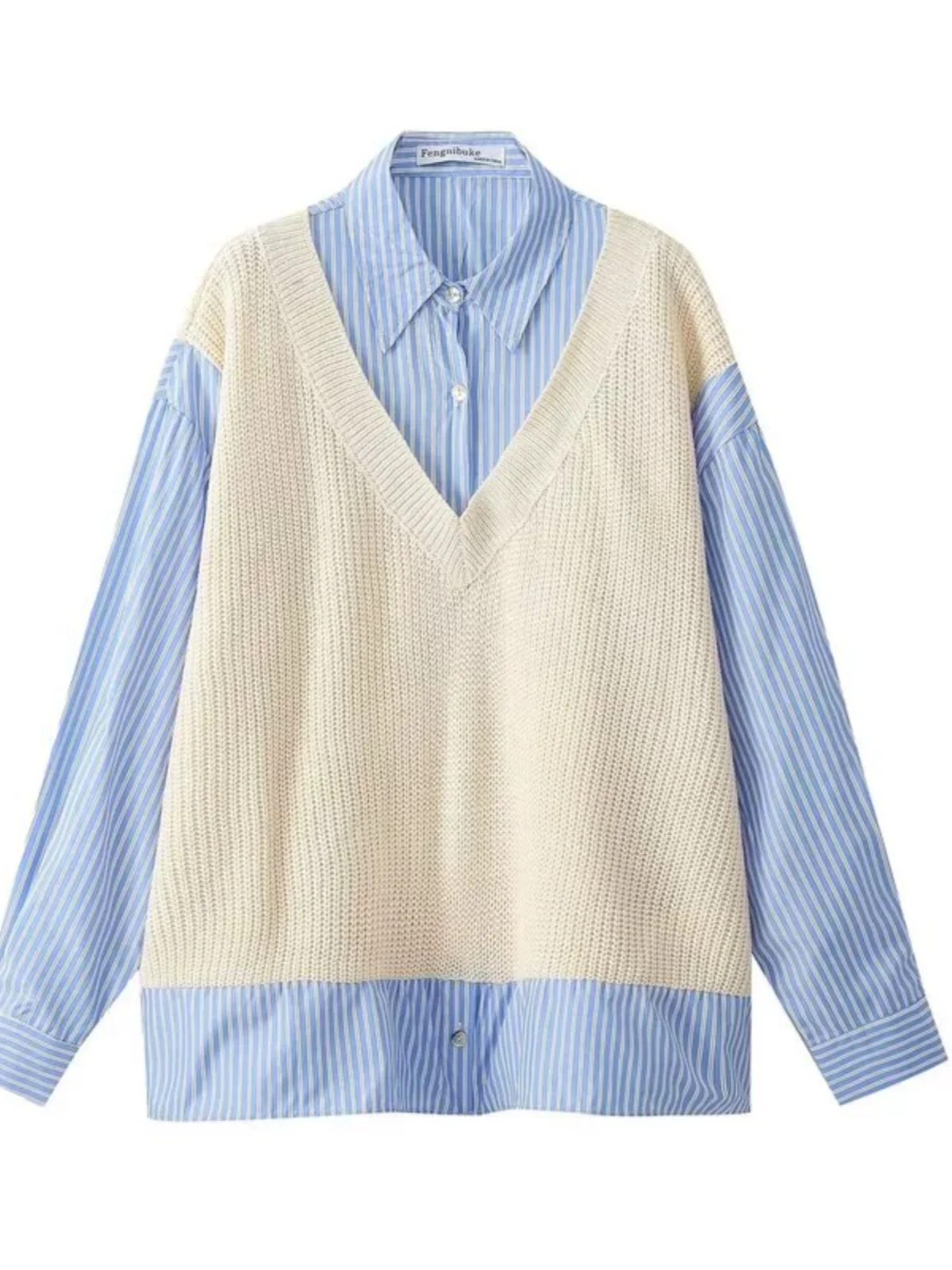 

Ele Striped Long Sve irt Women's Faion Spring 2024 New Arrival Straight Cut Versatile Sle Quali Material