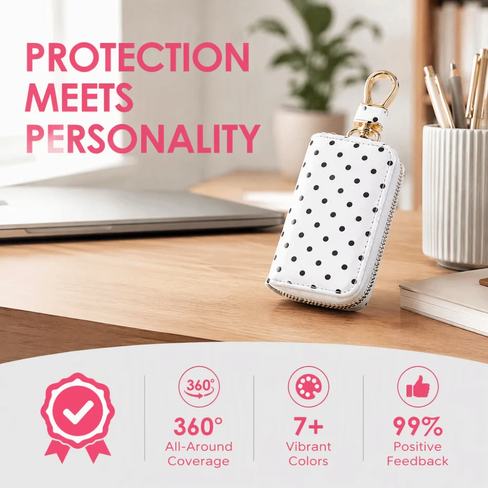 New Durable Polka Dot Key Pouch Compact Pu Leather Zipper Key Protection Cover Water Resistant Metal Clasp Small Wallet Daily