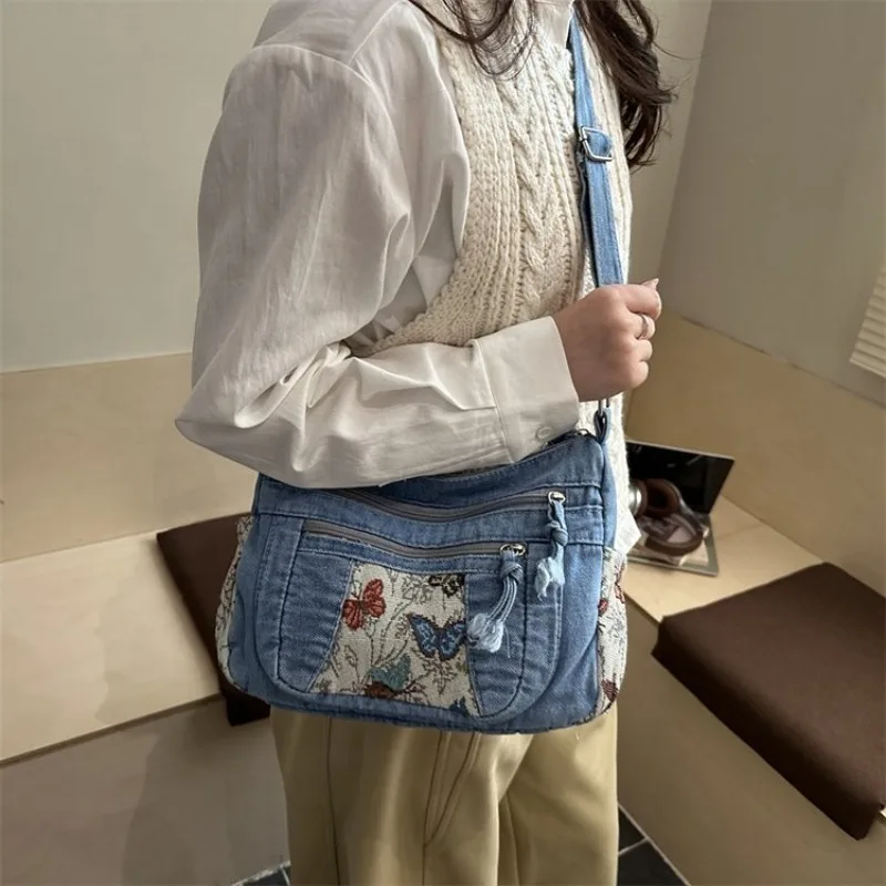 Multi-Color Denim Shoulder Bag with Boho Tribal Pattern, Casual Style for Daily Shopping Dating Commuting Short Trips Tote Bag