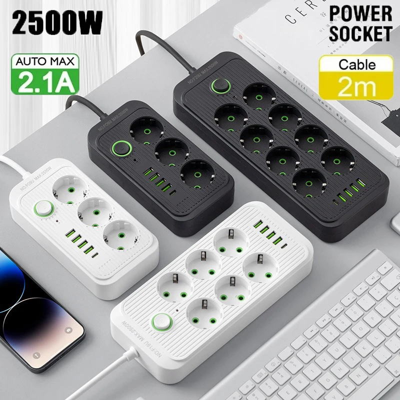 

Вилка европейского стандарта Розетки переменного тока Многоразъемная розетка Электрический удлинитель с USB типа C Быстрая зарядка Сетевой фильтр-адаптер Удлинитель 2 м