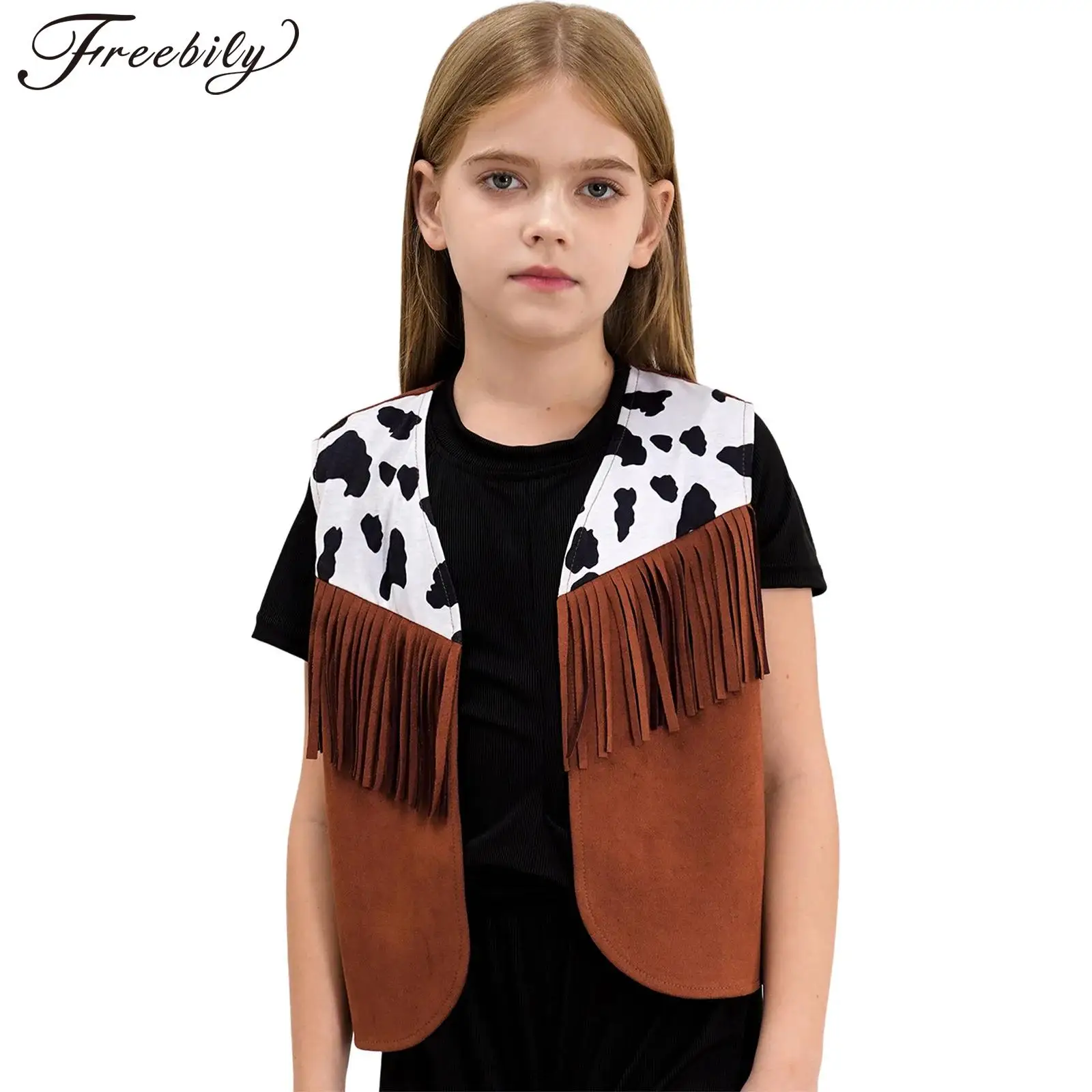 Kids Halloween Western Cowboy Cowgirl Cosplay Costume Print Retro Fringe Vest Waistcoat Theme Party Carnival Role Play Clothes