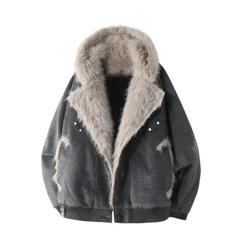 Herren Jacke Harajuku Winter Fleece Gefüttert Pelz Kragen Mit Kapuze Baumwolle Mantel Dicke Warme Lose Fit High-End Casual Streetwear Fashion