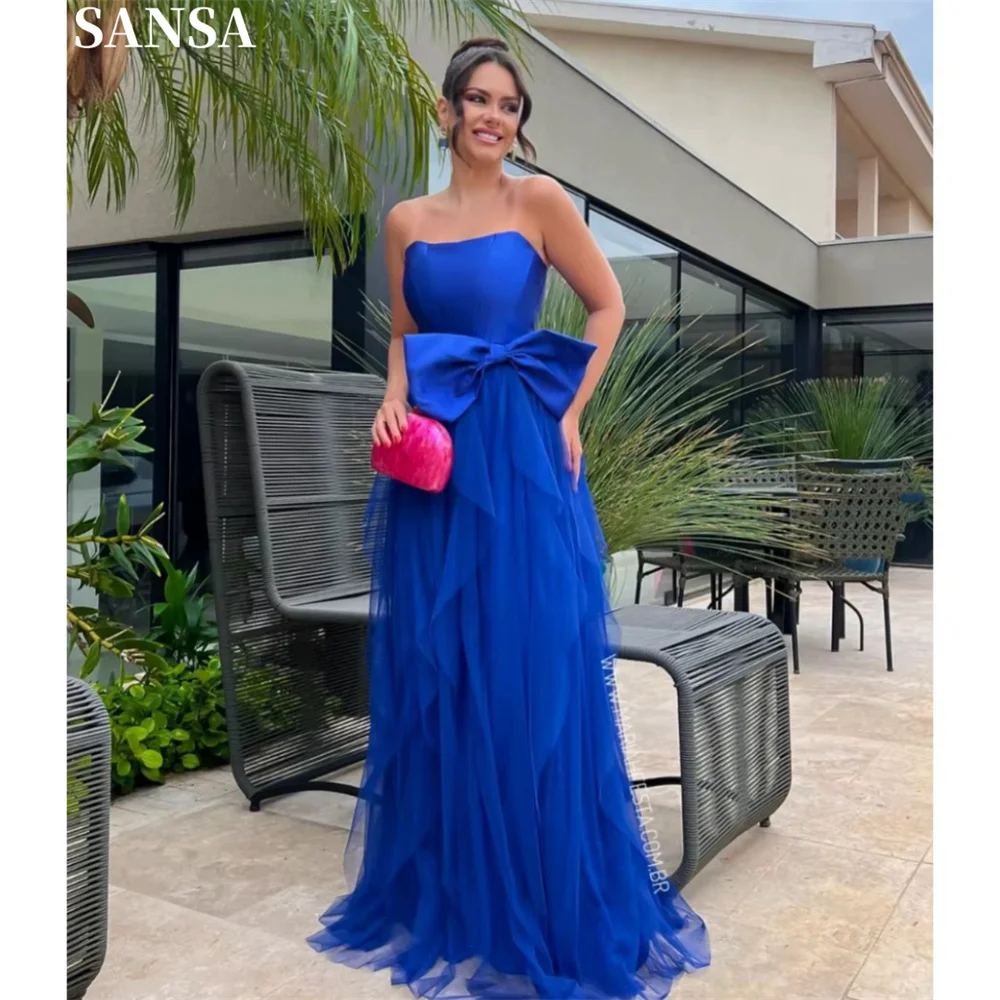 

Sansa Elegant A-Line Blue Lace Evening Dress Sleeveless Strapless Floor-Length Wedding Dresses Bow Pleats vestidos de fiesta