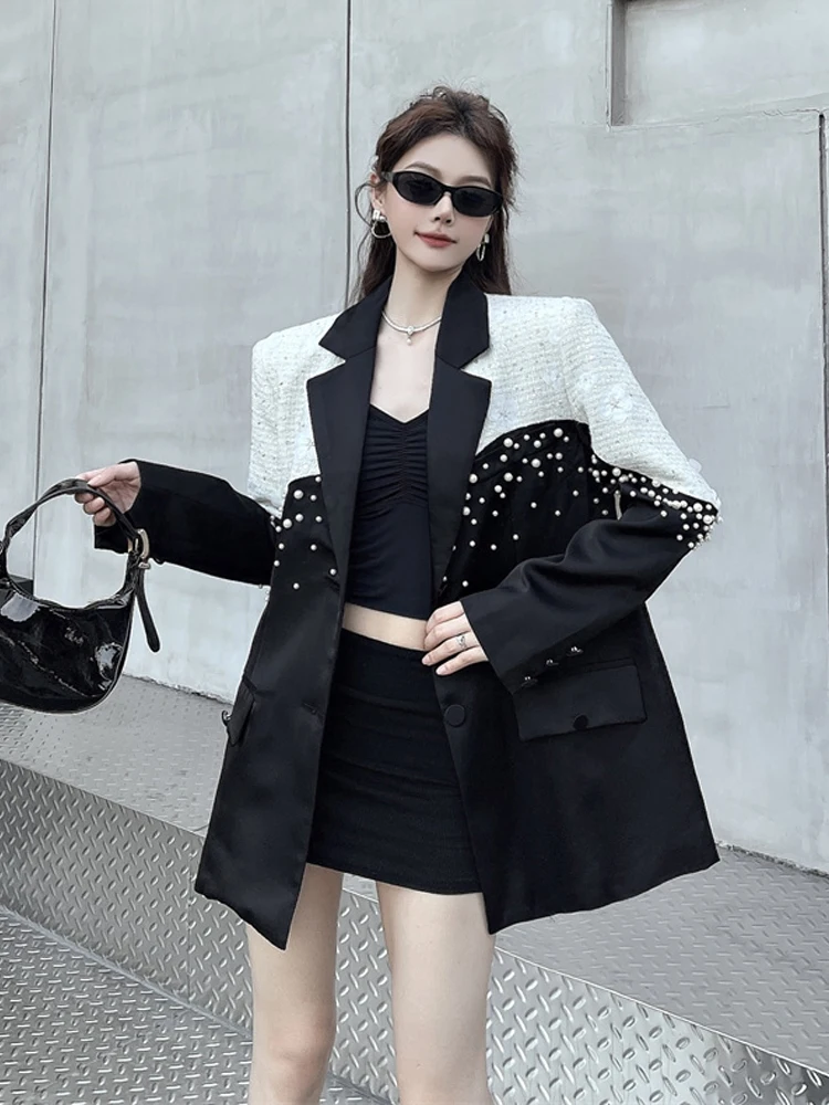 تصميم جديد سترة مطرزة باللؤلؤ للنساء سترة تويد مرقعة بألوان متباينة 2026 ملابس خارجية فاخرة للربيع والخريف INKEO 5O120 #2