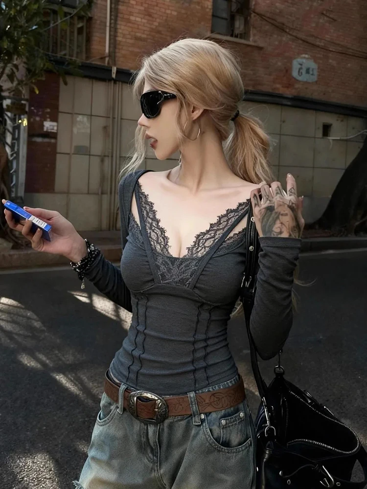 

Slim Fit Crop Sexy T Shirt Women Long Sleeve V Neck Lace Patchwork Harajuku Tees Y2K Streetwear Hottie Vintage Gray Female Tops