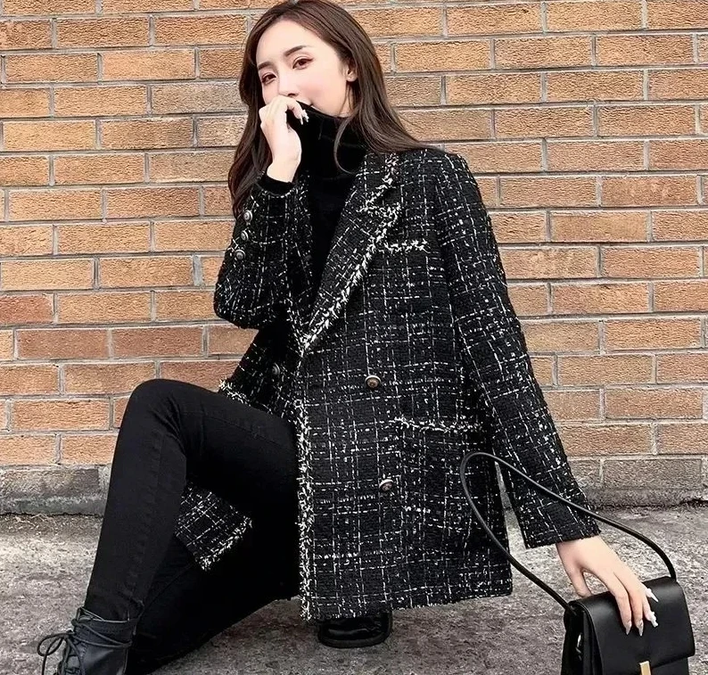 

Новые винтажные твидовые пиджаки в клетку, осенне-зимние утепленные модные куртки, женские двубортные элегантные черные пальто, верхняя одежда D92