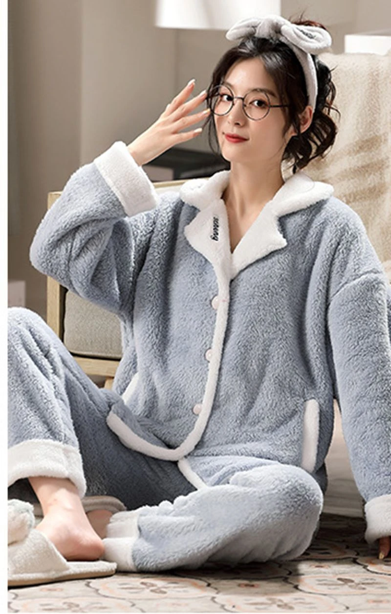 

Теплый фланелевой пижамный комплект, зимний женский домашний костюм, топ с длинными рукавами и лацканами, длинные брюки, молодежный стиль, одежда для сна, домашняя одежда