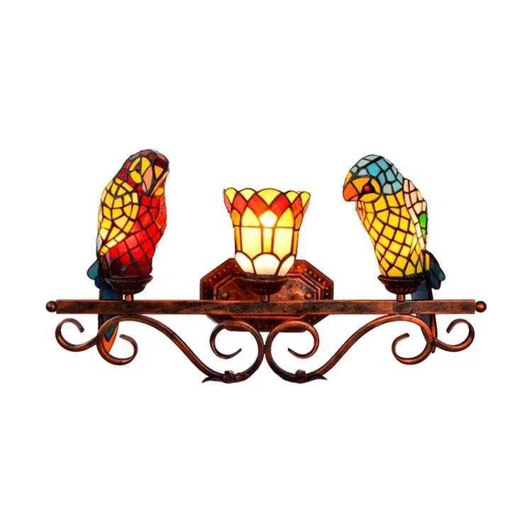 Retro Creative Classic Parrot Tiffany Stained Glass Wall Lamp for Bathroom or Dining or Bedroom Three Head Vanity Light Fixtures