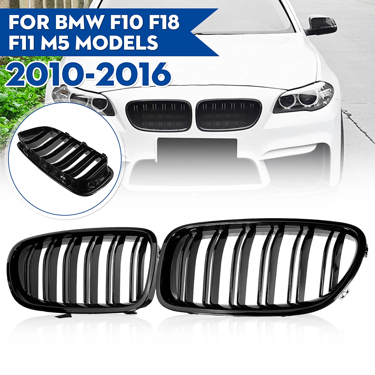 Glossy Black Front Kidney Double Slat Grill Grille For BMW 5 Series F10 F11 F18 2010-2017 Dual Line Racing Grills