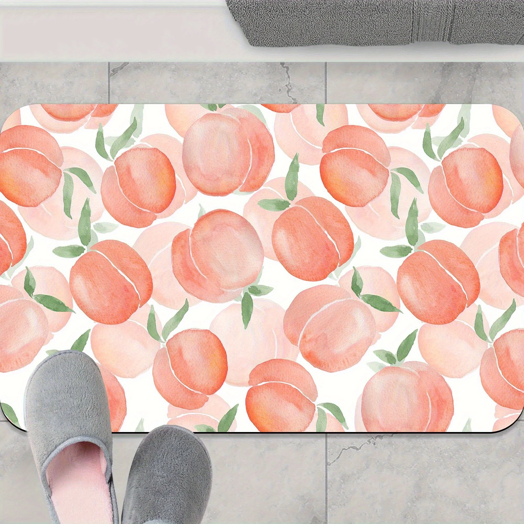1pc Watercolor peach pattern doormat, polyester fabric, machine washable, suitable for bathrooms and bedrooms.