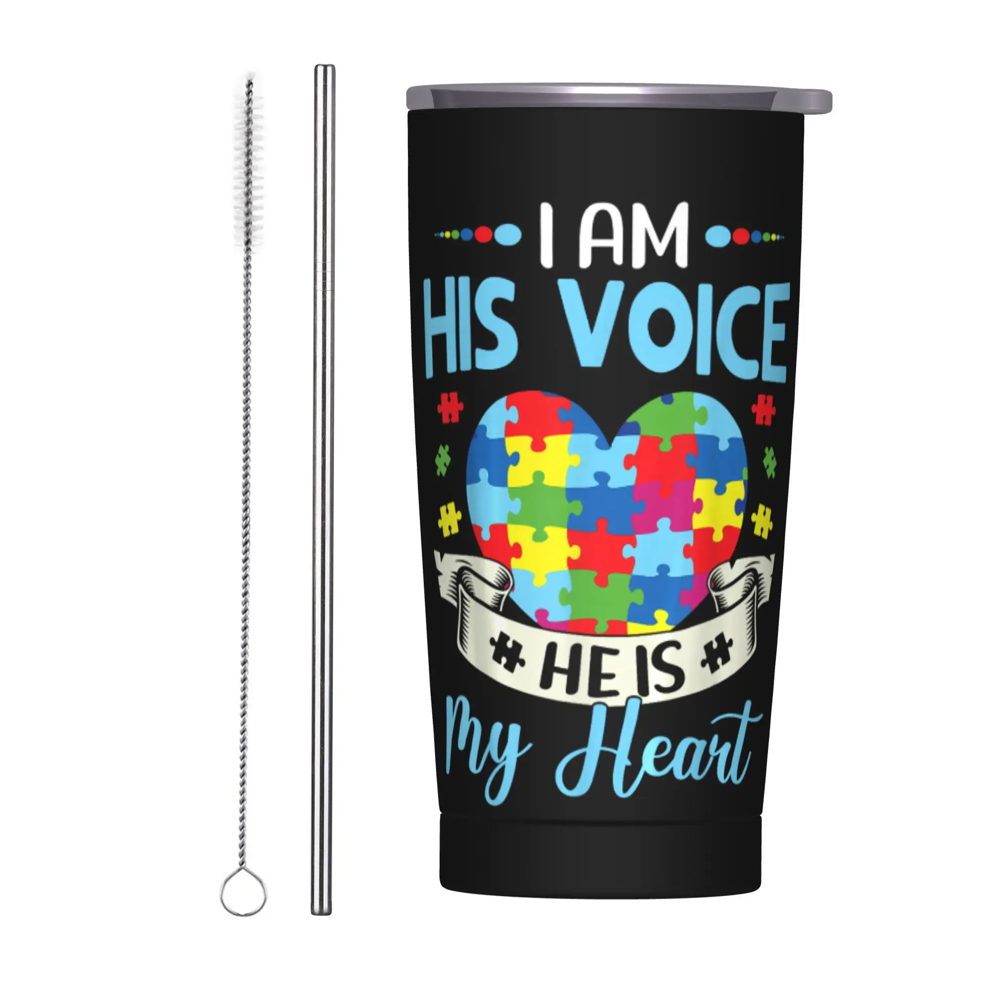 Stainless Steel Tumbler My Heart Autism Awareness Puzzle Piece Coffee Mug Portable Cold and Hot Car Mugs Travelist Water Bottle