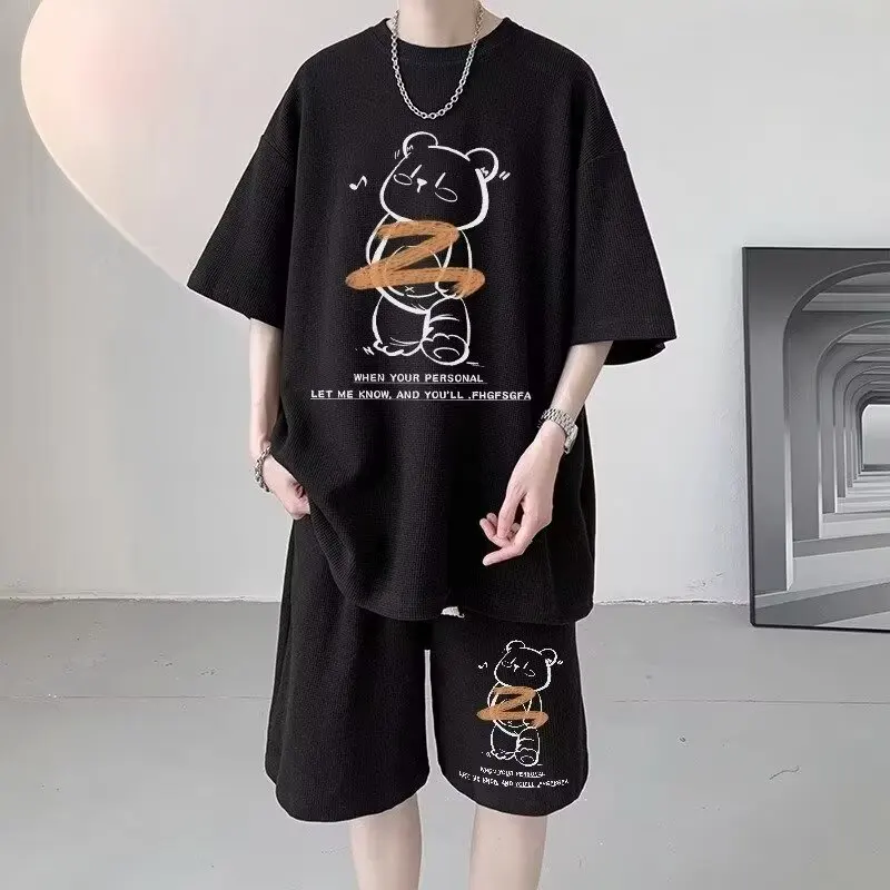 Summer Men Tracksuit Japan Cartoon Streetwear Cool Bear Printed Waffle T Shirts Shorts 2 Piece Set Hip Hop Casual Short Suit New