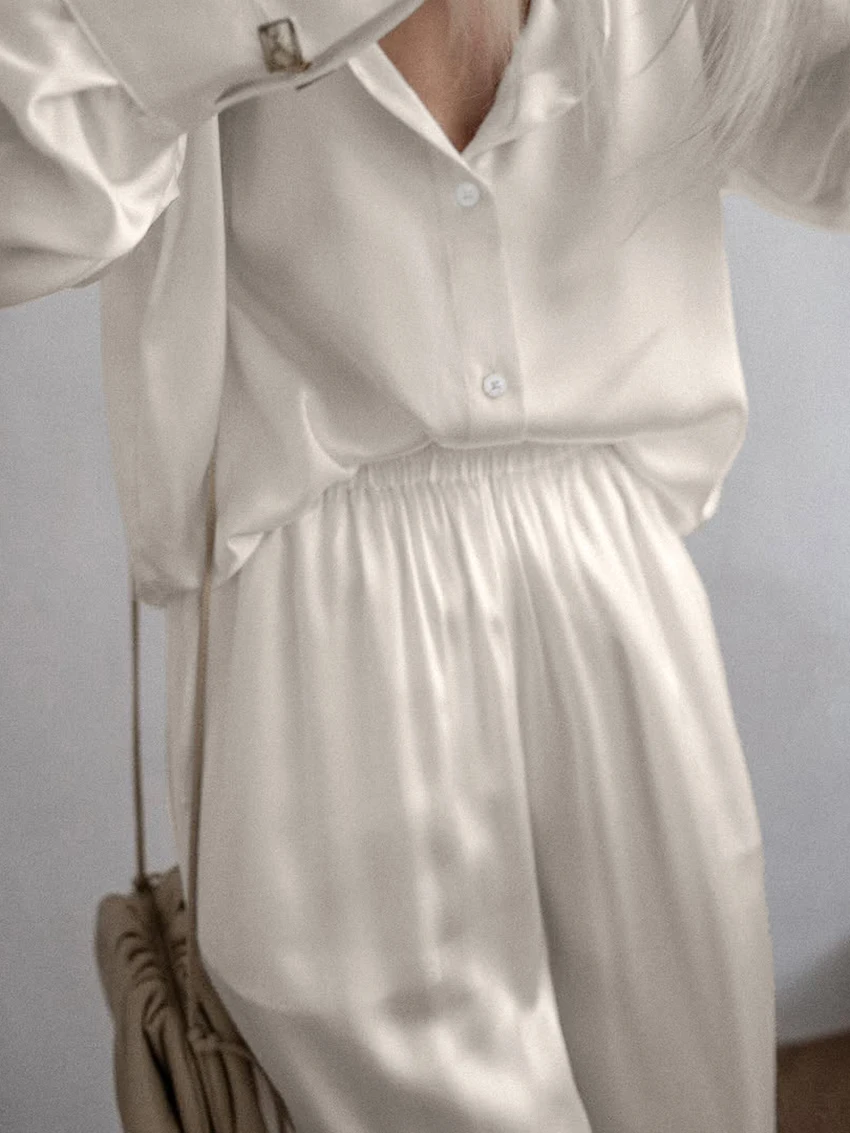 Marthaqiqi Loose Female Nightgowns Set Turn-Down Collar Sleepwear Long Sleeve Nightwear Pants Casual Women Pajamas 2 Piece Suits