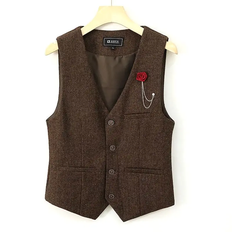 

Slim Mens Vest Tweed Waistcoat Vest Vintage Herringbone V-neck New Casual Wool Groomsmen Suits Vest for Wedding L-10XL B15