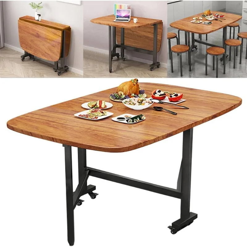 

home.Multifunction Table Drop Leaf Dining Table - 47" Wooden Foldable Kitchen Table with 6 Wheels (Brown)