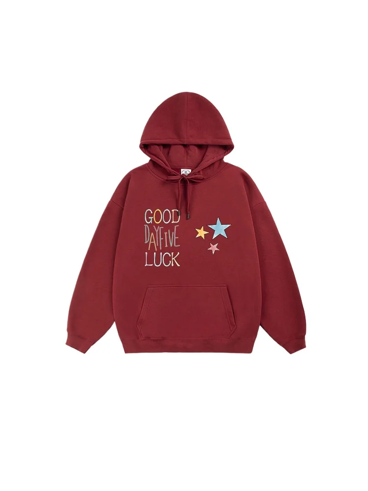Otoño Invierno americano Retro Color sólido Top juventud Casual deportes colorido Lucky Star moda suelta cómoda suave Sudadera con capucha