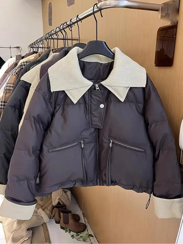 

2025 Women Coffee Black Short Parkas Thicken Warm Long Sleeve Lapel Cotton Padded Coat Vintage Winter Student Jacket Streetwear