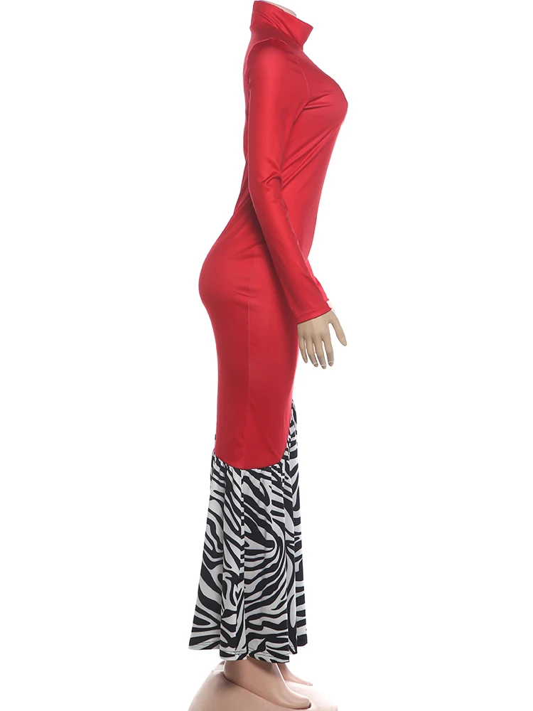 Weird Puss Leoparden-Patchwork-Langes Kleid für Damen, Herbst-Trend, O-Ausschnitt, lange Ärmel, hohe Taille, figurbetont, pfirsichfarben, eleganter Stil, Vestidos – Detail 4