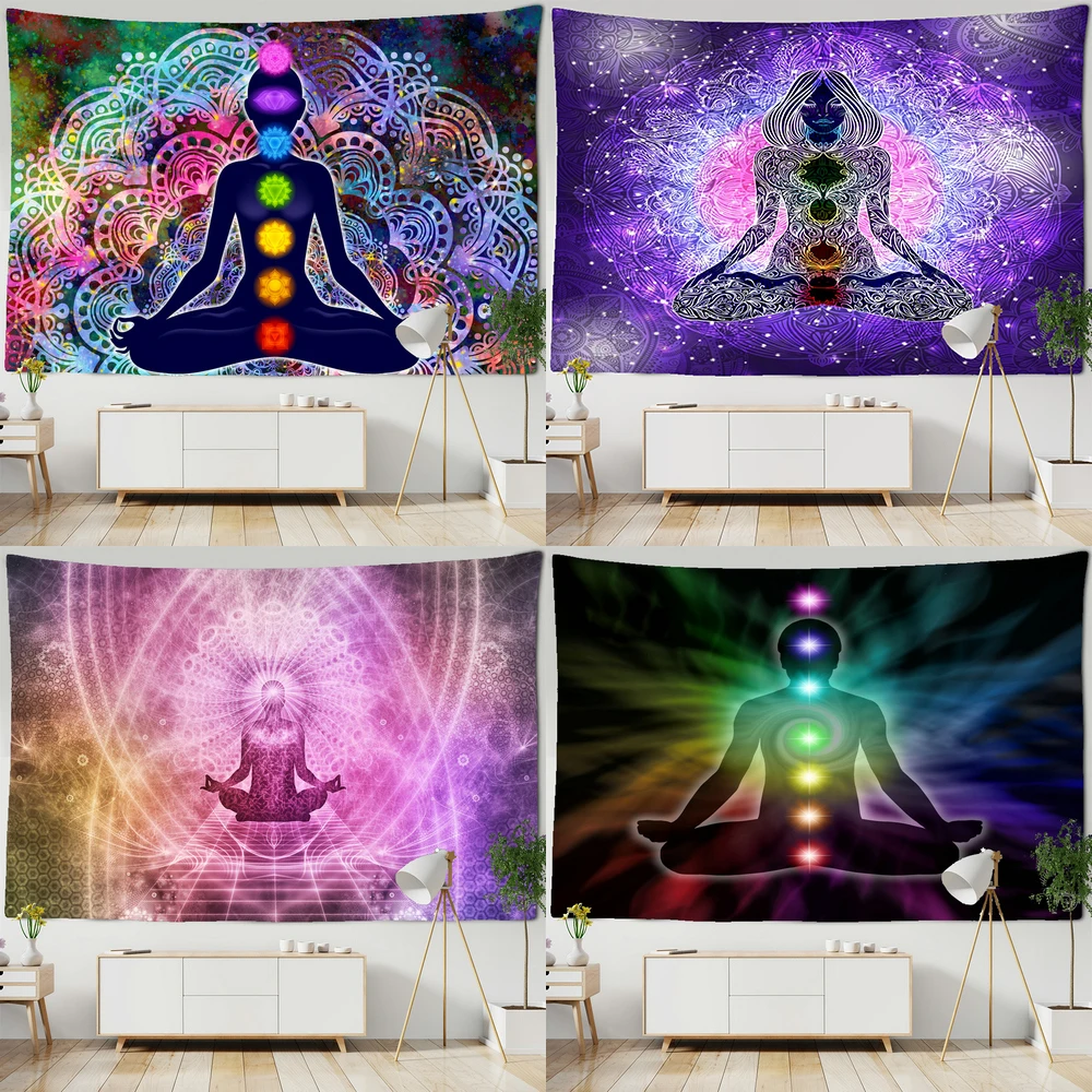 Indian Buddha Statue Meditation 7 Chakra Tapestry Wall Hanging Mandala Tapestries Wall Cloth Psychedelic Yoga Wall Hanging