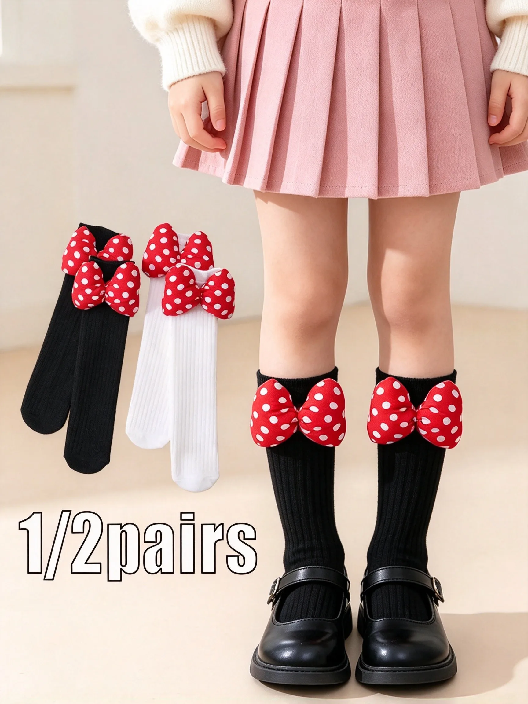 1/2Pcs Girls Knee High Socks Kids Ribbed Stackable Socks with 3D Red Polka Dot Bows Cute Versatile Long Socks for Daily Outfits